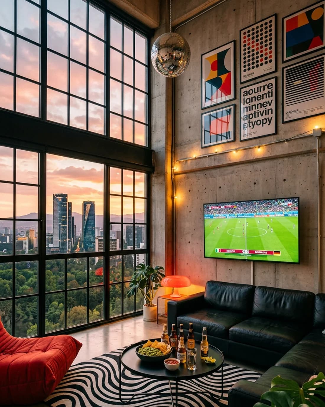 Loft de diseño con vista a la ciudad al atardecer, uno de los sets construidos para Sam