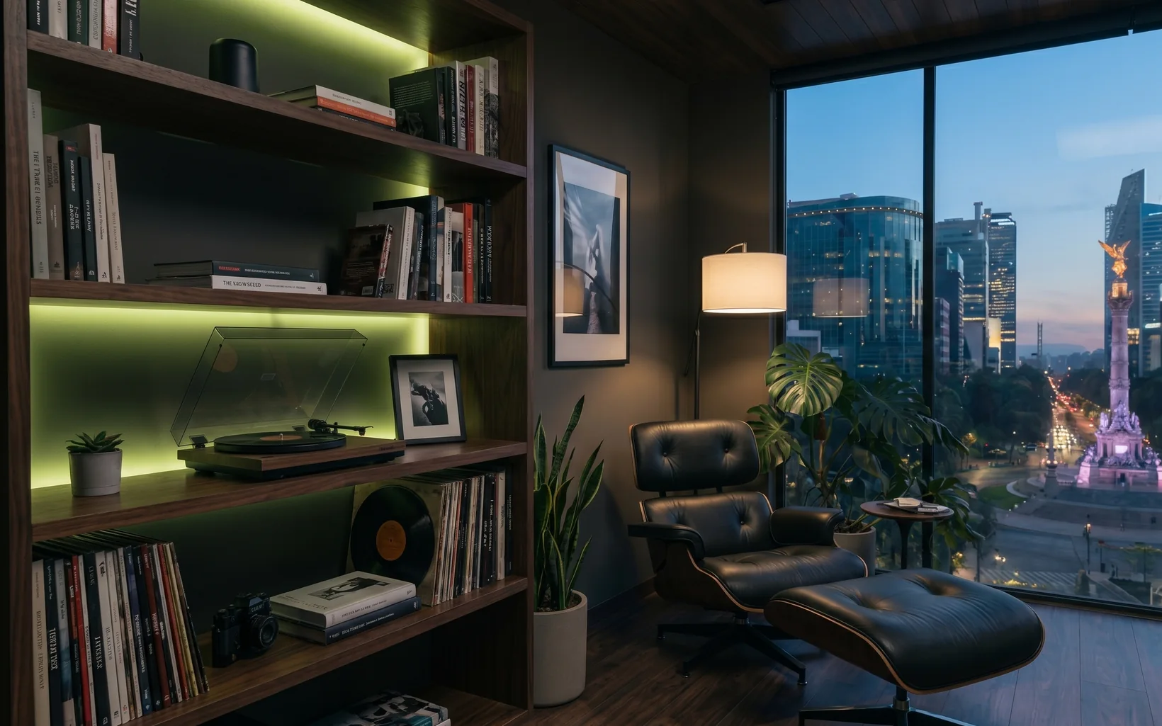 Estudio creativo desde donde opero el sistema de IA para marketing AI First: librero con vinilos, zona de lectura y acento de luz verde lima, atmósfera nocturna premium.
