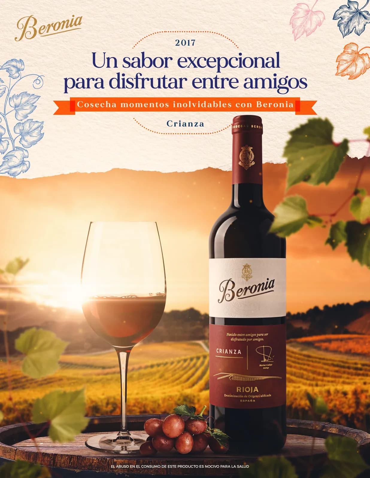 Key visual de la campaña Beronia: bodegón cálido con la botella, la copa con el sol dentro y la vid sobre el viñedo de Rioja al atardecer