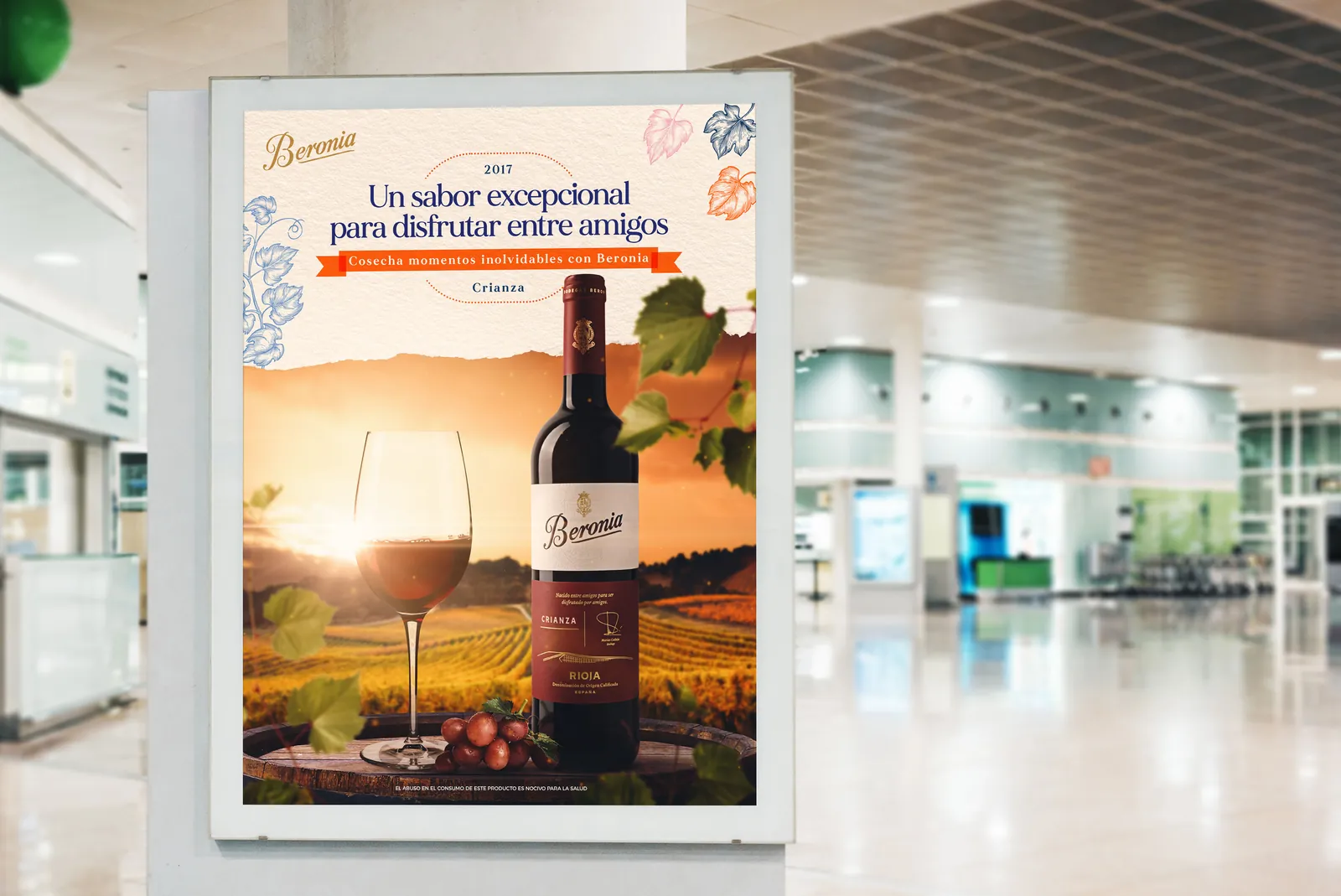Aplicación de Beronia a OOH: mockup de billboard en aeropuerto con el key visual de la campaña