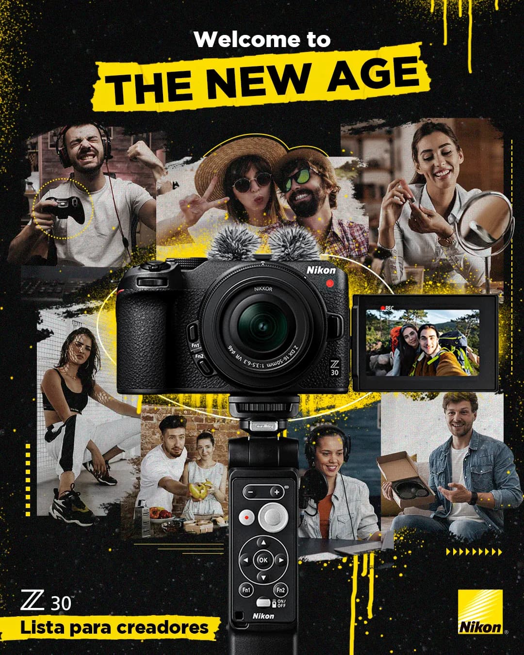 Master graphic de lanzamiento de la Nikon Z30 con el concepto Welcome to The New Age en negro y amarillo Nikon