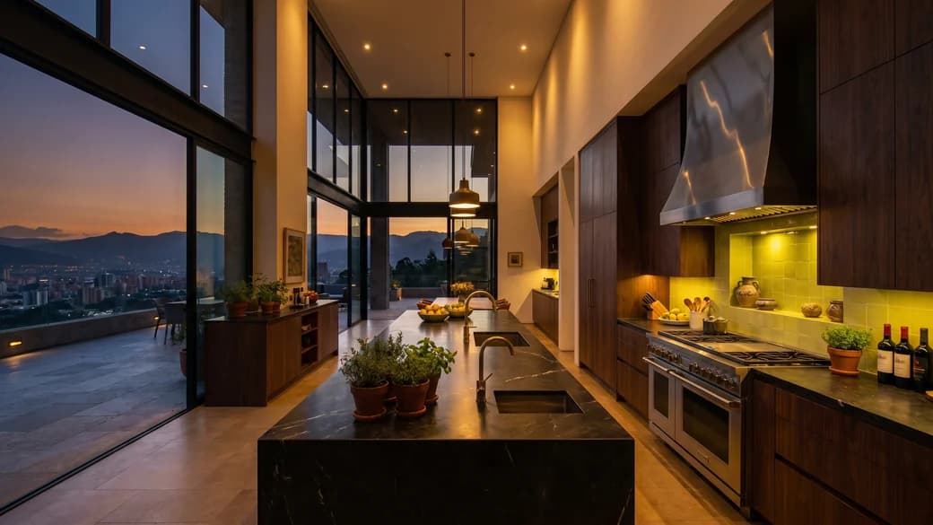 Cocina abierta de lujo con isla de piedra y gabinetes de madera, junto a un ventanal con la ciudad al atardecer