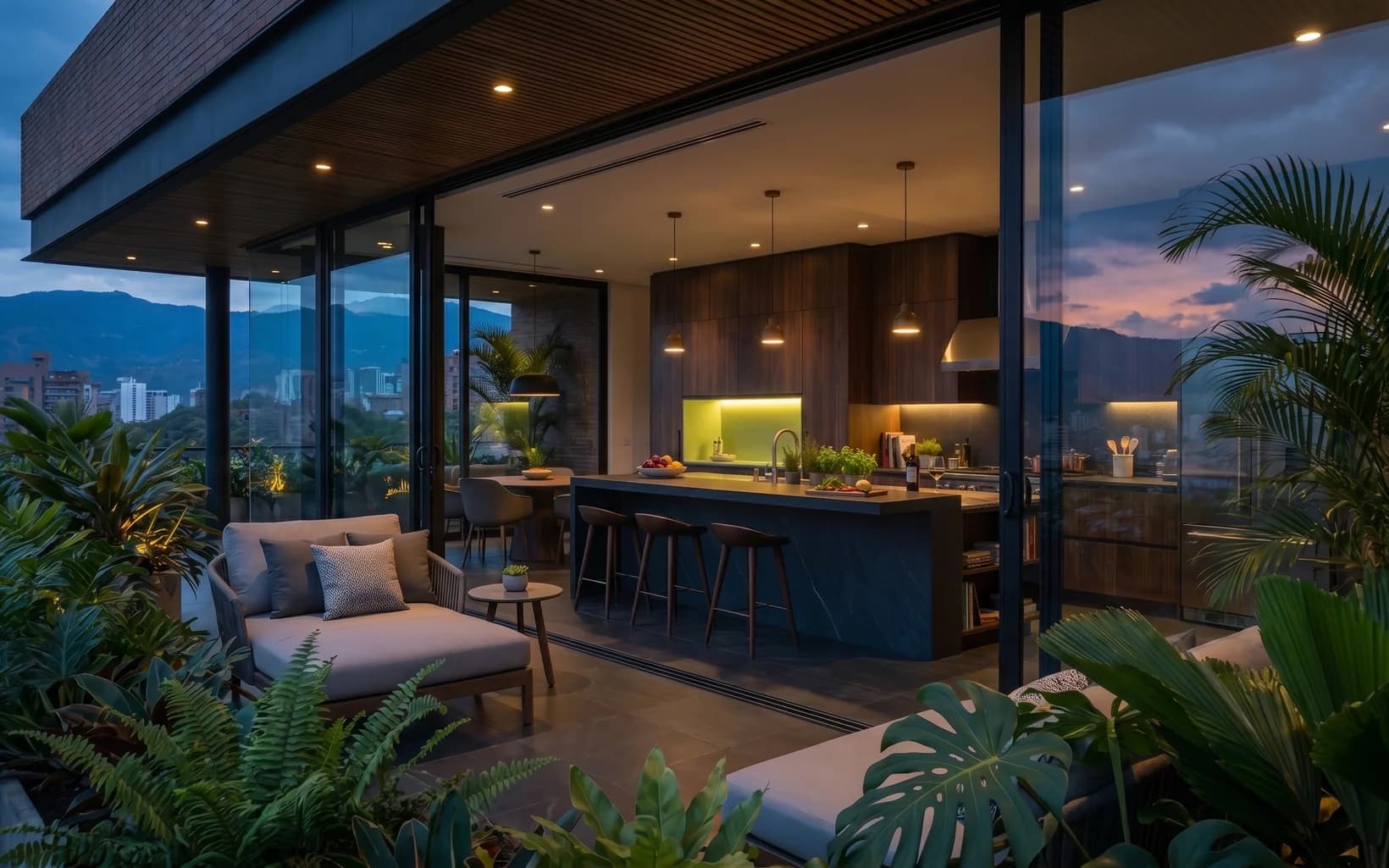 Terraza y cocina abierta de mansión con vista a la ciudad al atardecer, el espacio de la marca premium de cocinas detrás de la estrategia de medios y Google Ads del caso de alto ticket.