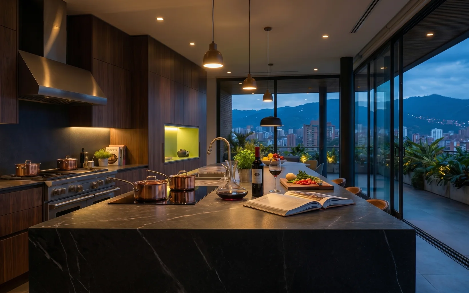 Cocina abierta de mansión en uso, isla de mármol con cooktop e ingredientes y vista a la ciudad, el mundo de la marca premium de cocinas detrás del caso de estrategia de leads y Google Ads de alto ticket.