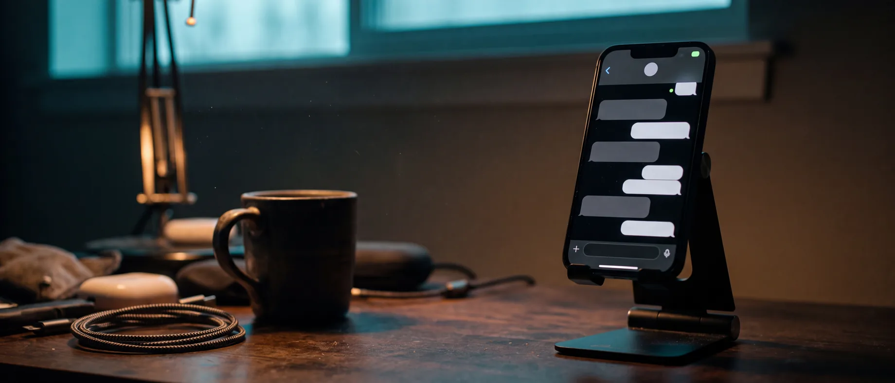 Teléfono en un soporte sobre un escritorio de madera con una conversación de mensajes en pantalla, junto a una taza